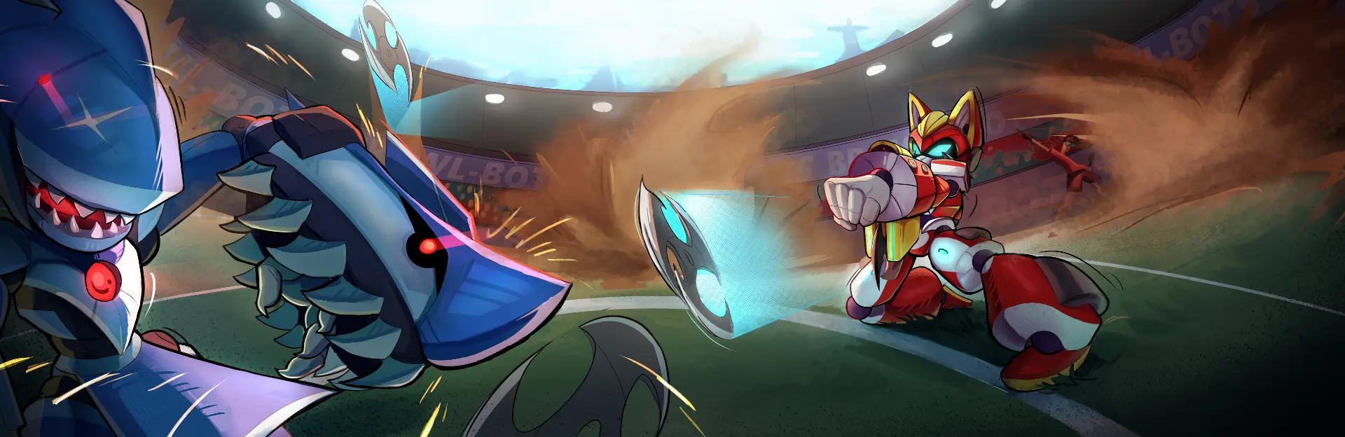 Dois BrawlBots se enfrentando em uma arena futurista